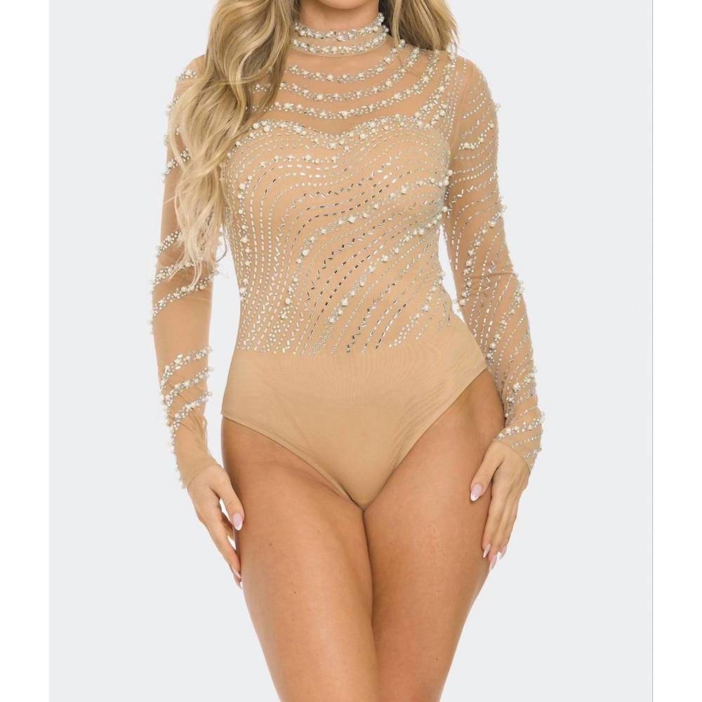 NEW BANJUL heartbreaker rhinestone bodysuit in nude
